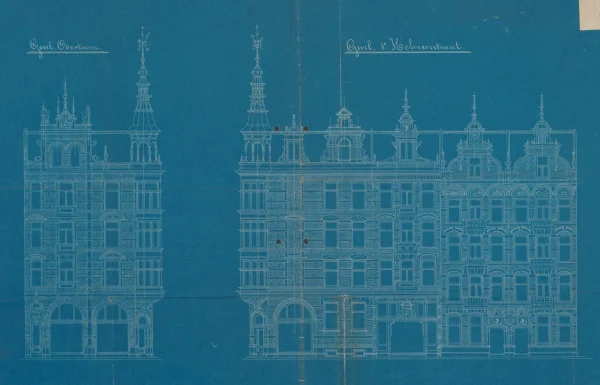 Afbeelding uit: 1895. Ontwerp van de gevels aan de Overtoom en Eerste Helmersstraat.