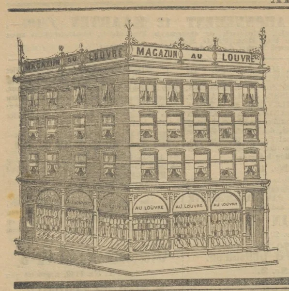 Afbeelding uit: juni 1896. Tekening van de voorganger op de hoek met de Taksteeg, maison Au Louvre. Deel van een advertentie in het Algemeen Handelsblad van 7 juni 1896.