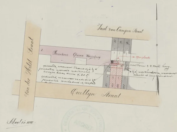 Afbeelding uit: 1904. De situatie in 1904, toen de rood gearceerde nummers 123 en 125 door Heineken in gebruik werden genomen.