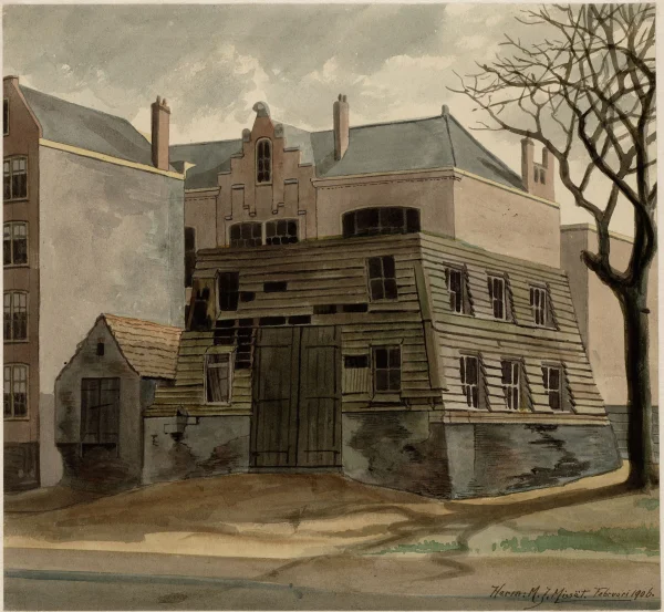 Afbeelding uit: 1906. De hoek Czaar Peterstraat - Tweede Leeghwaterstraat in 1906. In het midden de restanten van de molen De Goede Verwachting.
Bron afbeelding: Stadsarchief.