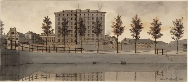 Afbeelding uit: 1905. De gebouwen van de Amstel-suikerraffinaderij die hier eerder stonden.
Bron afbeelding: Stadsarchief.