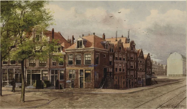 Afbeelding uit: 1900. Misset legde in 1900 de oude situatie vast. Niet alleen het hoekpand maar ook de huizen aan de Korte Marnixstraat werden kort daarna vervangen. NB: de hoek is in werkelijkheid scherper dan hier lijkt.
Bron afbeelding: Stadsarchief.