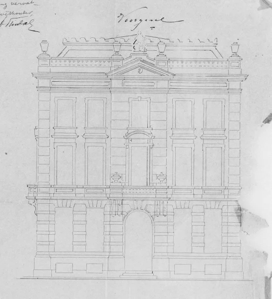 Afbeelding uit: 1874. Voorgevel, Plantage Middenlaan.
Bron afbeelding: Stadsarchief.