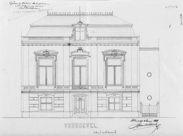Afbeelding uit: 1866. Ontwerp van de voorgevel.
Bron afbeelding: Stadsarchief.