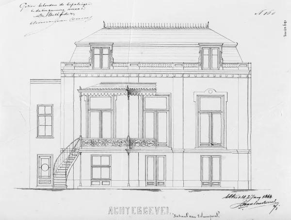 Afbeelding uit: 1866. Ontwerp van de achtergevel.
Bron afbeelding: Stadsarchief.