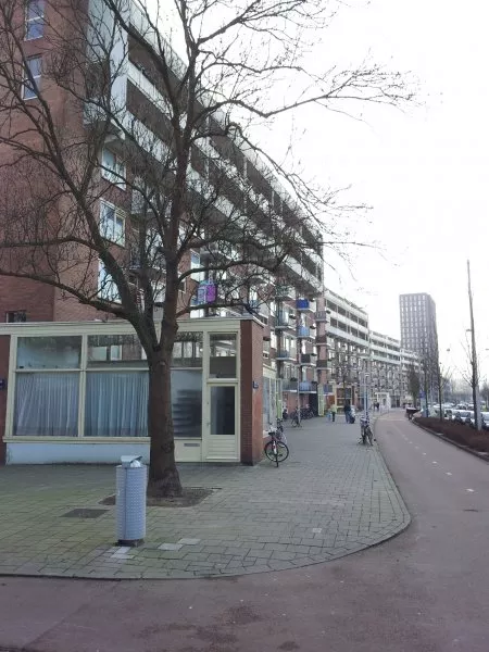Afbeelding uit: maart 2012. De flats staan niet geheel parallel aan de straat, maar onder een lichte hoek.