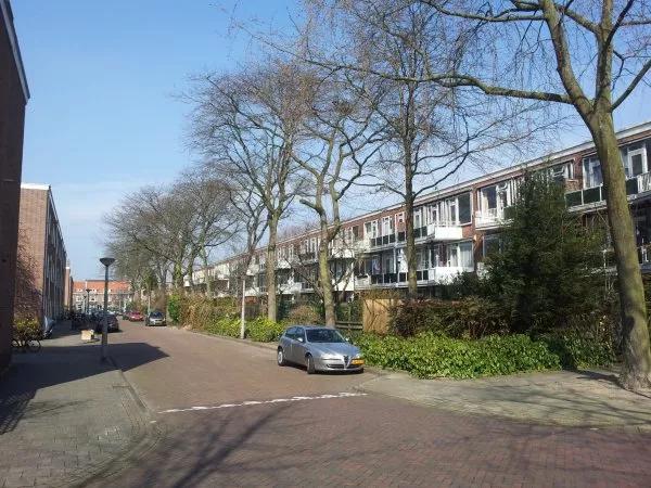 Afbeelding uit: maart 2012. Ehrlichstraat, met rechts de achterzijde van de woningen aan de Kelvinstraat.