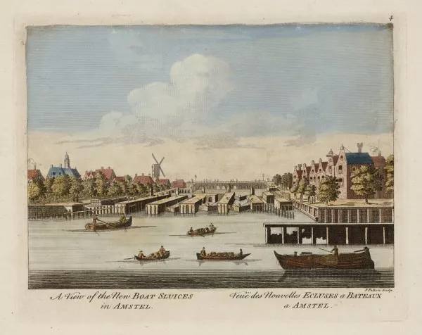 Afbeelding uit: Circa 1750. De Amstel gezien naar het zuiden. Op de achtergrond de Hogesluis en links de Weesperpoort.