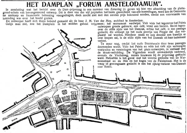 Afbeelding uit: 1908. Het Damplan "Forum Amstelodamum" van Van der Mey, waarmee hij de prijsvraag won. Dagblad De Tijd, 27 juli 1908.