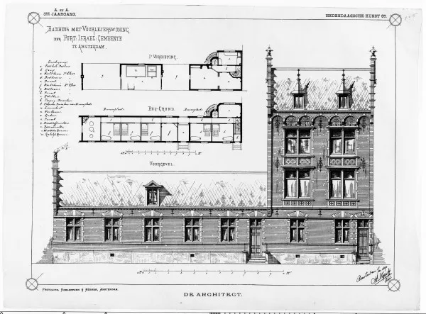 Afbeelding uit: januari 1892. De tekening van Nijhoff voor een 'badhuis met voorleezerswoning'. Alle versieringen op de tekening zijn uiteindelijk vervallen. Gepubliceerd in De architect jaargang 3 nr. 2, 1892.
