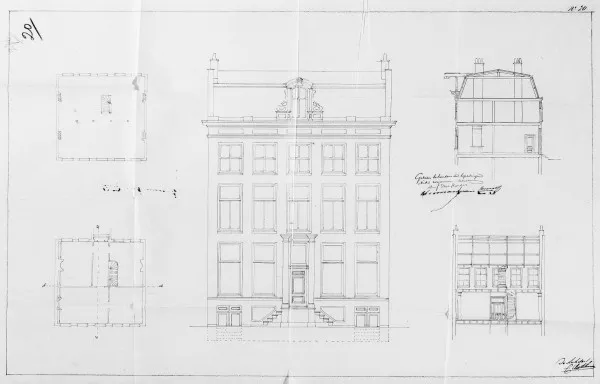 Afbeelding uit: maart 1868. Op deze bouwtekening van Outshoorn had de gevel nog slechts vijf vensterassen.