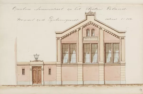 Afbeelding uit: Circa 1863. "Openbare Armenschool op het Roeters Eiland. Voorgevel op de Lijnbaansgracht"
(de Valckenierstraat was destijds nog Lijnbaansgracht)
