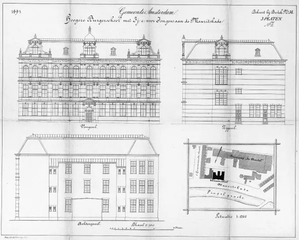 Afbeelding uit: 1891. Bouwtekening. Op de situatieschets is het enorme complex te zien van de Amstelbrouwerij.