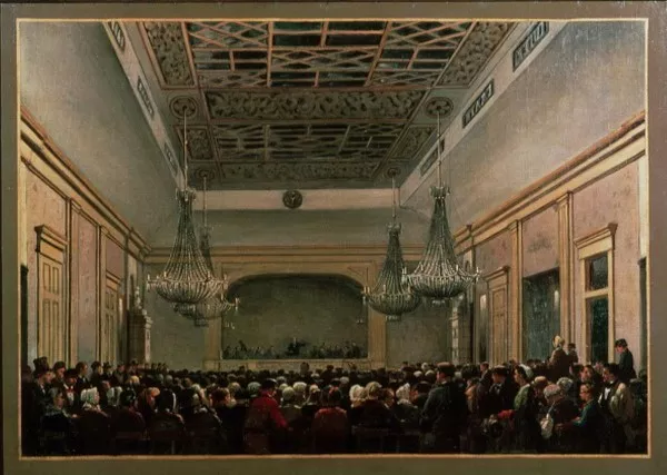Afbeelding uit: 1883. De opening van het gebouw op 13 juni 1883 werd door R.J. van Arum vastgelegd op dit schilderij.