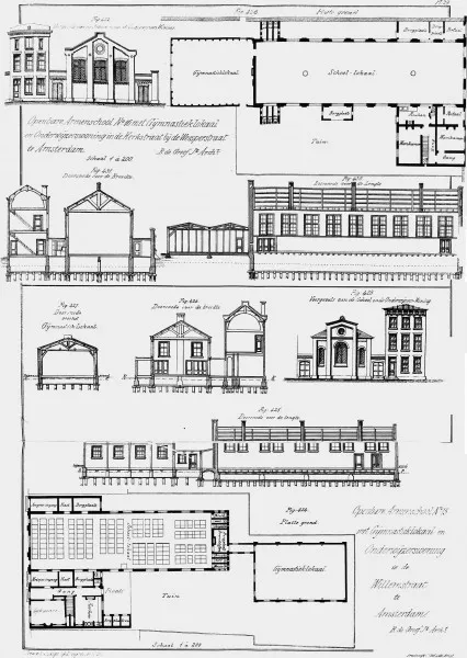Afbeelding uit: 1861. Tekeningen voor deze school (boven) en de inmiddels gesloopte armenschool nummer 15 in de Willemsstraat (onder). Gepubliceerd in Bouwkundige Bijdragen 20, 1873.