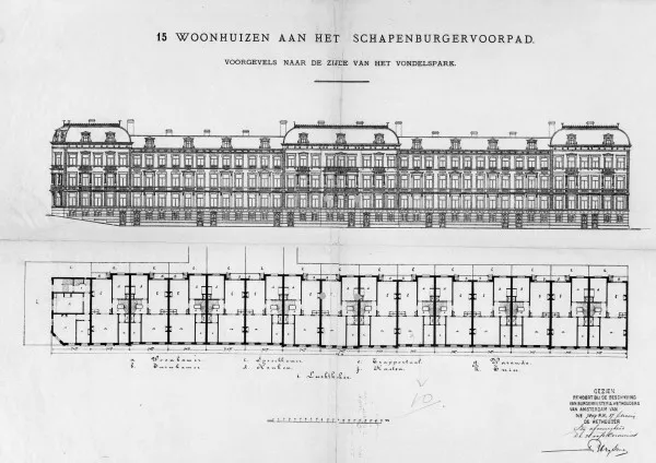 Afbeelding uit: 1879. Vooraanzicht en plattegronden van "15 woonhuizen aan het Schapenburgervoorpad", zoals de straat toen nog heette.