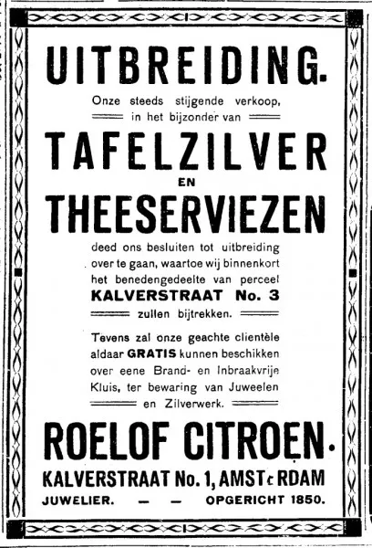 Afbeelding uit: mei 1927. Advertentie in het Algemeen Handelsblad van 28 mei 1927, waaruit blijkt dat Citroen toen ook de begane grond van het buurpand ging gebruiken.