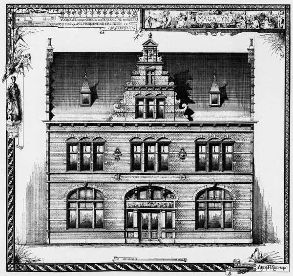 Afbeelding uit: 1893. Deze tekening van de voorgevel verscheen in het Bouwkundig Weekblad 6/1893. Ook hier is de oorspronkelijke poort te zien.